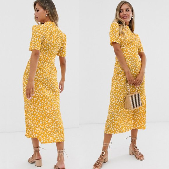 yellow midi tea dress